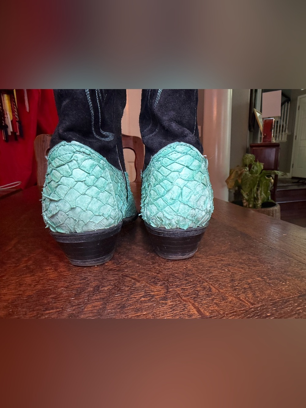 Vintage Tony Lama Sea Bass Exotic Leather Cowboy Boots Teal Black Size 7 - Picture 3 of 11